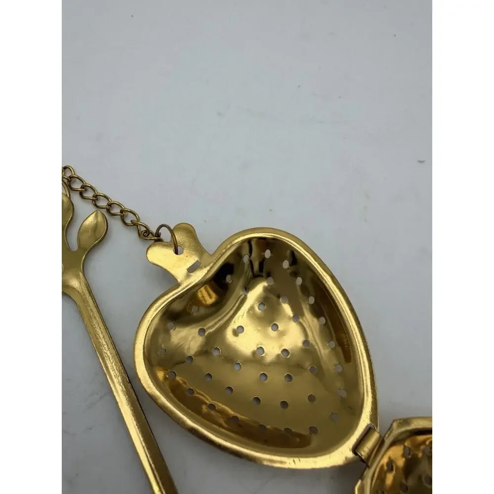 Heart Shaped Tea Infuser With Leaf Handle Spoon, Gold, New
